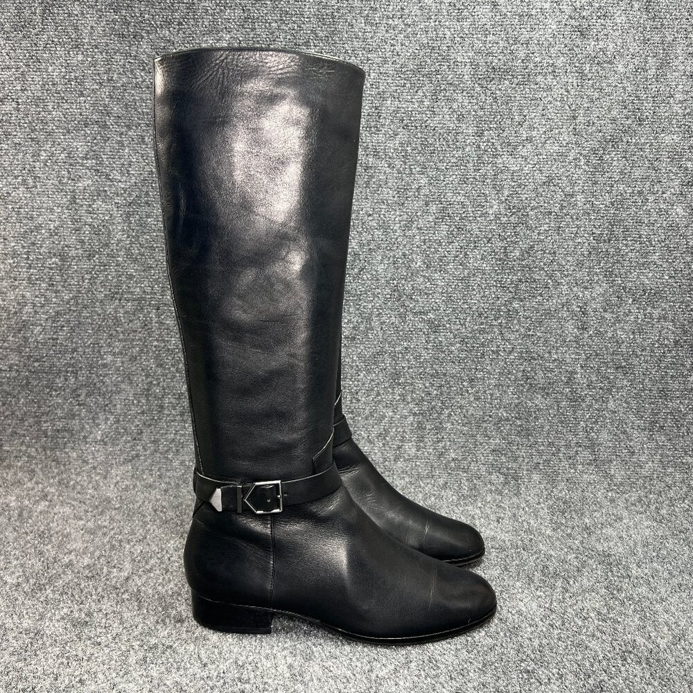 Via Spiga Tall Riding Boots Women's Size 7.5 Black Leather Buckle Knee High Boot